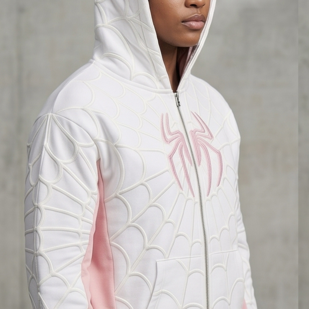 White & Pink Spider Web Zip-Up Hoodie – Unisex Graphic Sweatshirt