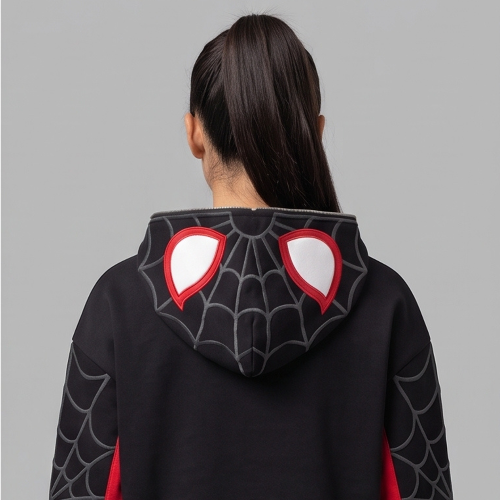 Black & Red Spider Web Zip-Up Hoodie – Graphic Mask Hood Sweatshirt