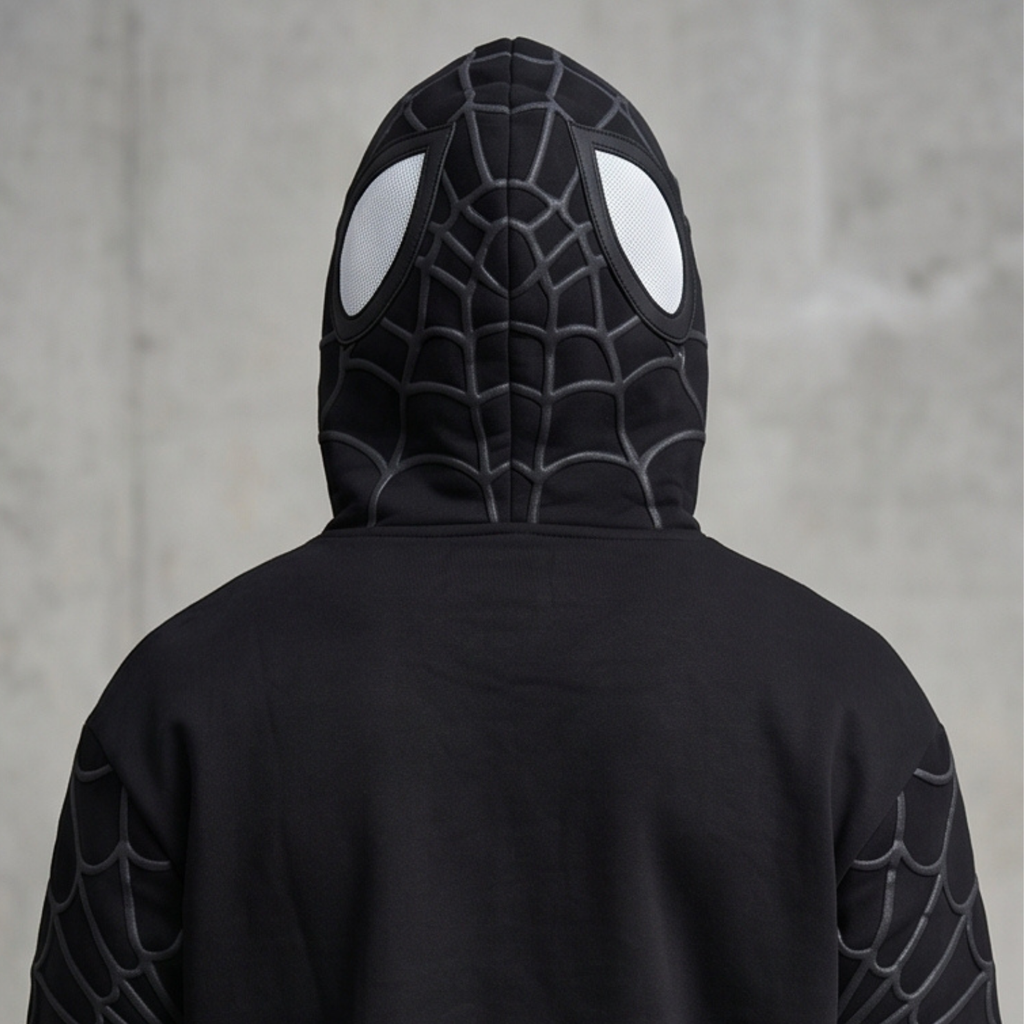 Black & White Spider Web Zip-Up Hoodie – Graphic Mask Hood Sweatshirt