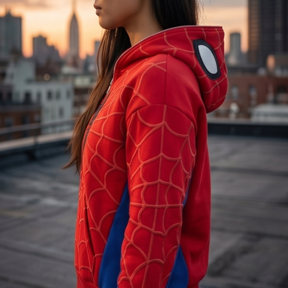 Red, Blue & Black accents Spider Web Zip-Up Hoodie – Black Graphic & Mask Hood