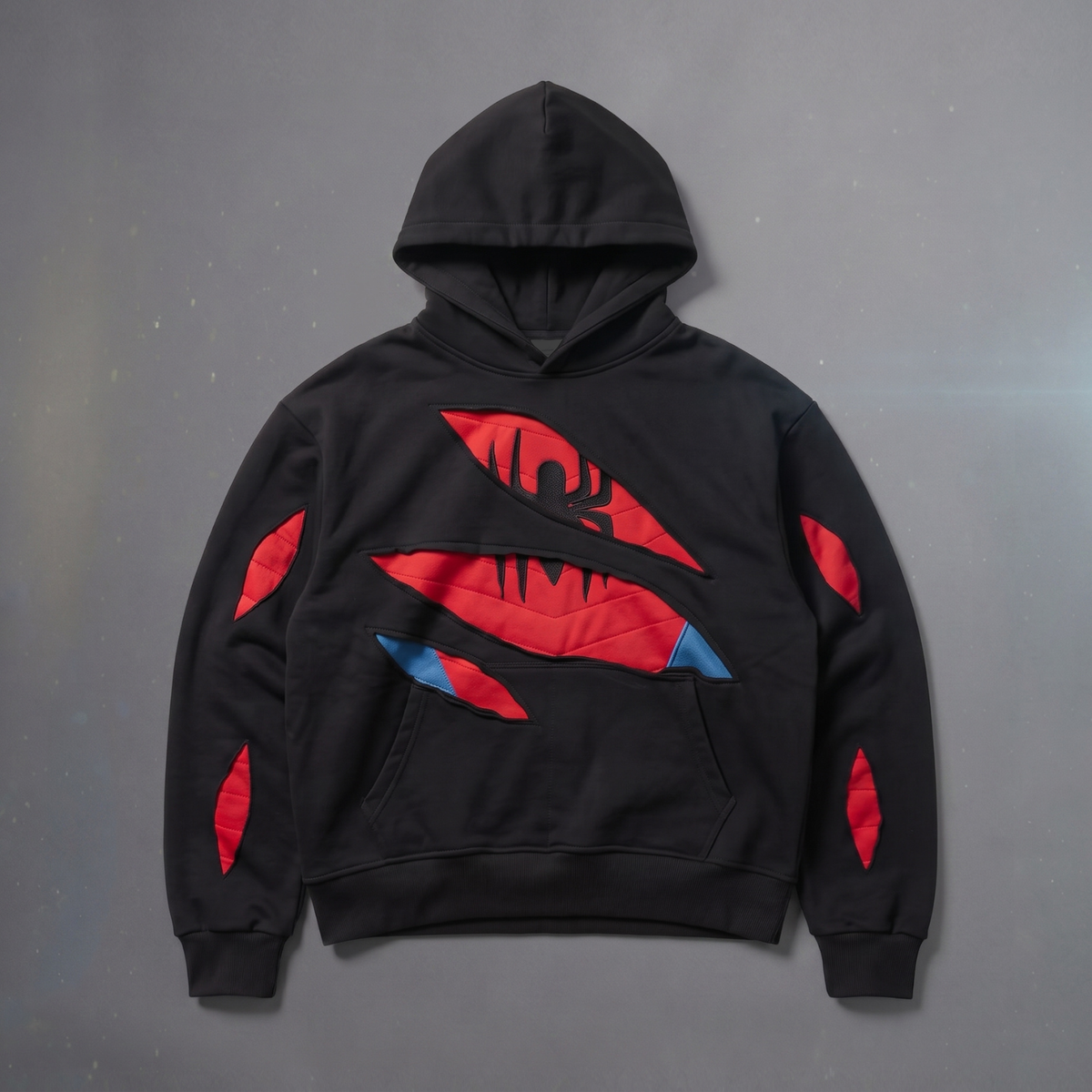 Black Red Superhero Hoodie, Spider-Inspired Graphic Sweatshirt, Pullover Hoodie with Kangaroo Pocket, Streetwear Gift for Cosplay Fans