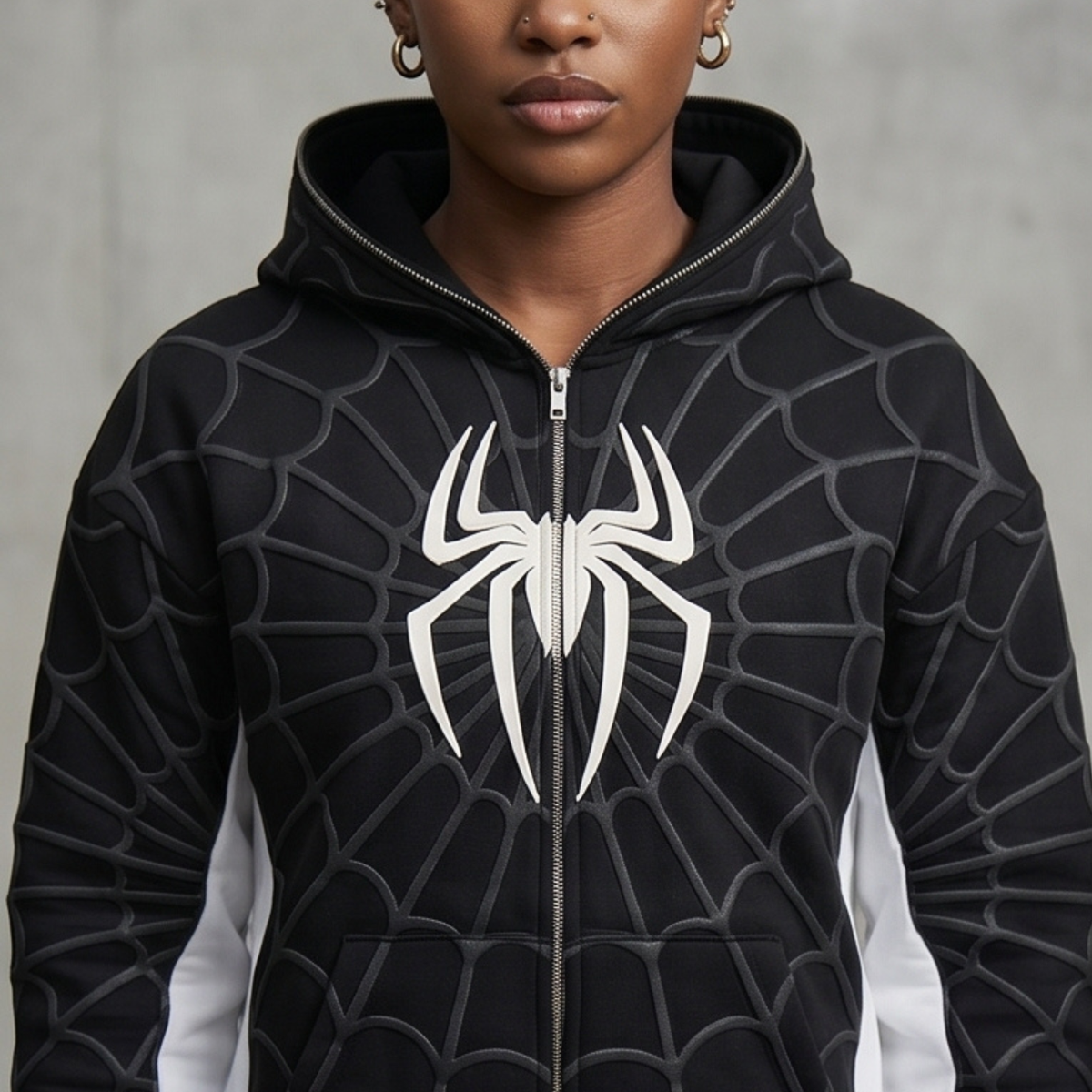 Black & White Spider Web Zip-Up Hoodie – Graphic Mask Hood Sweatshirt