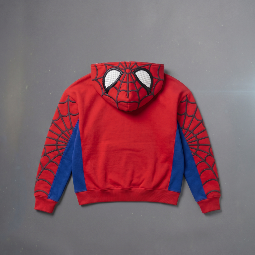 Red, Blue & White accents Spider Web Zip-Up Hoodie – White Graphic & Mask Hood