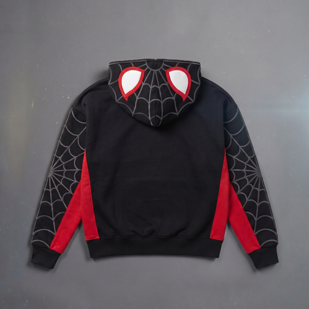 Black & Red Spider Web Zip-Up Hoodie – Graphic Mask Hood Sweatshirt