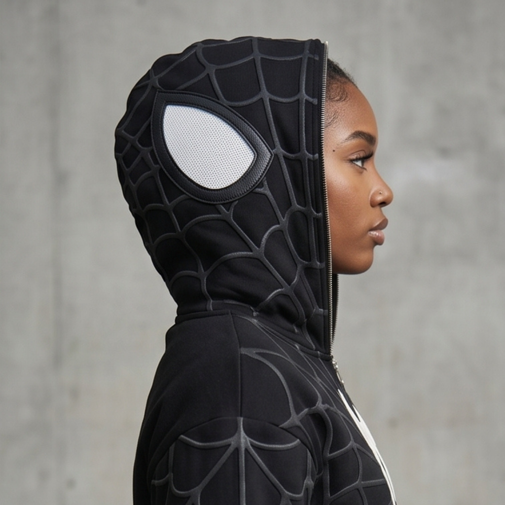 Black & White Spider Web Zip-Up Hoodie – Graphic Mask Hood Sweatshirt