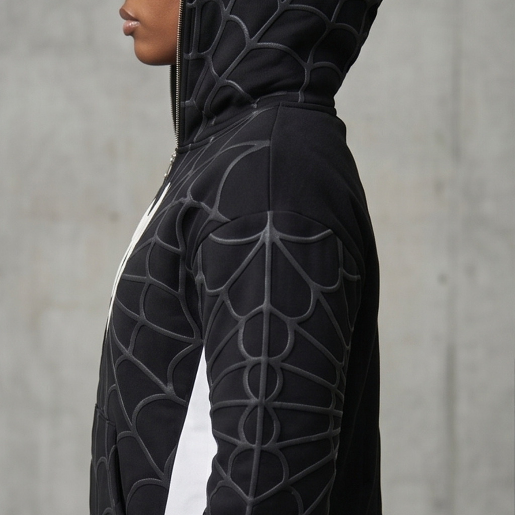 Black & White Spider Web Zip-Up Hoodie – Graphic Mask Hood Sweatshirt