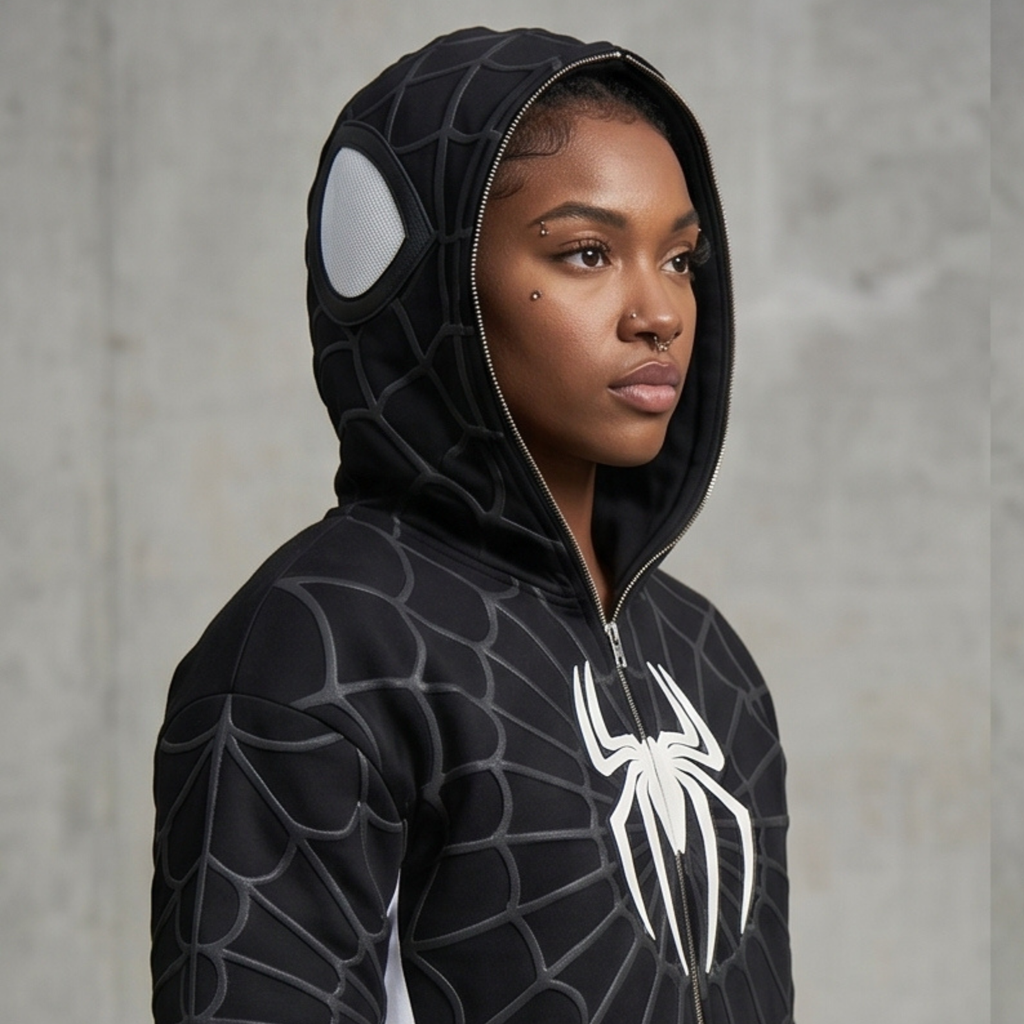 Black & White Spider Web Zip-Up Hoodie – Graphic Mask Hood Sweatshirt