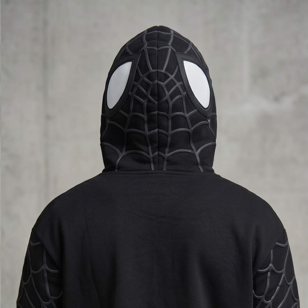Black & White Spider Web Zip-Up Hoodie – Graphic Mask Hood Sweatshirt
