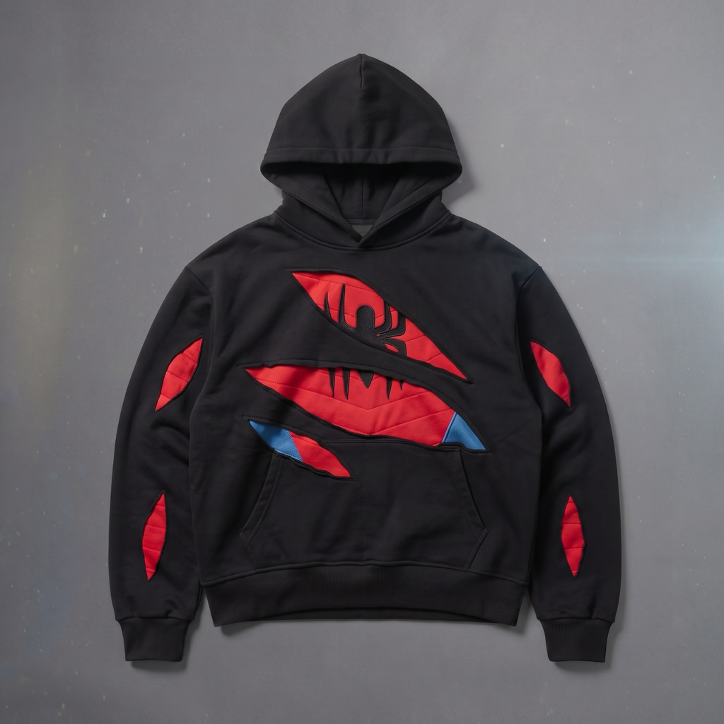 Black Red Superhero Hoodie, Spider-Inspired Graphic Sweatshirt, Pullover Hoodie with Kangaroo Pocket, Streetwear Gift for Cosplay Fans