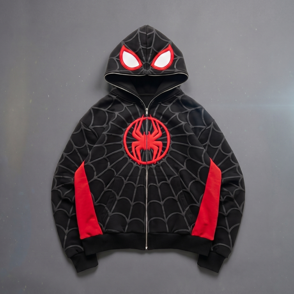 Black & Red Spider Web Zip-Up Hoodie – Graphic Mask Hood Sweatshirt