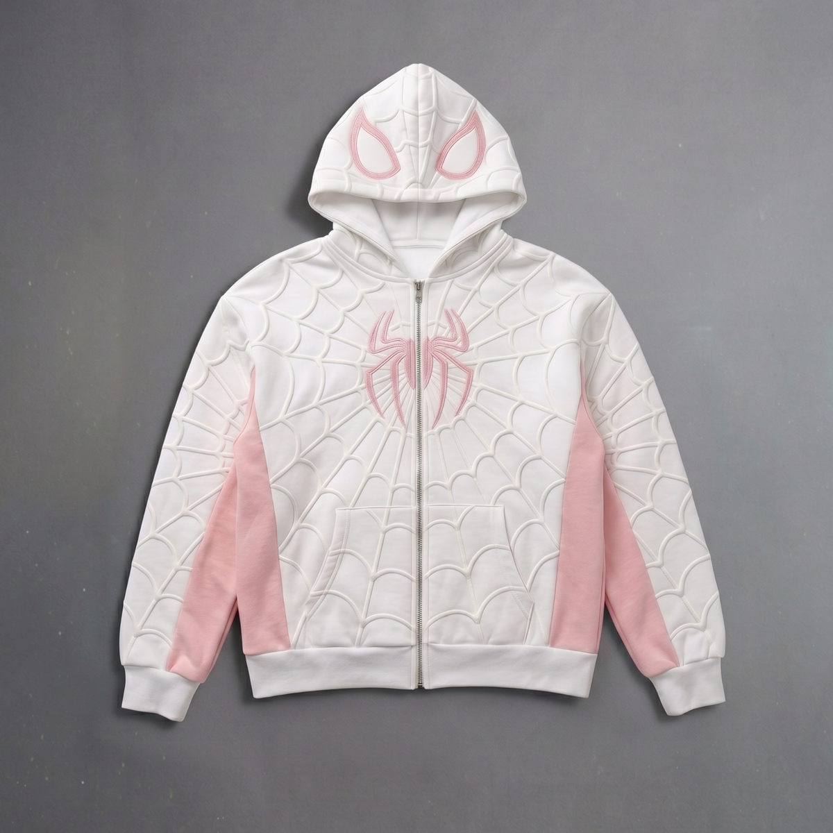 White & Pink Spider Web Zip-Up Hoodie – Unisex Graphic Sweatshirt