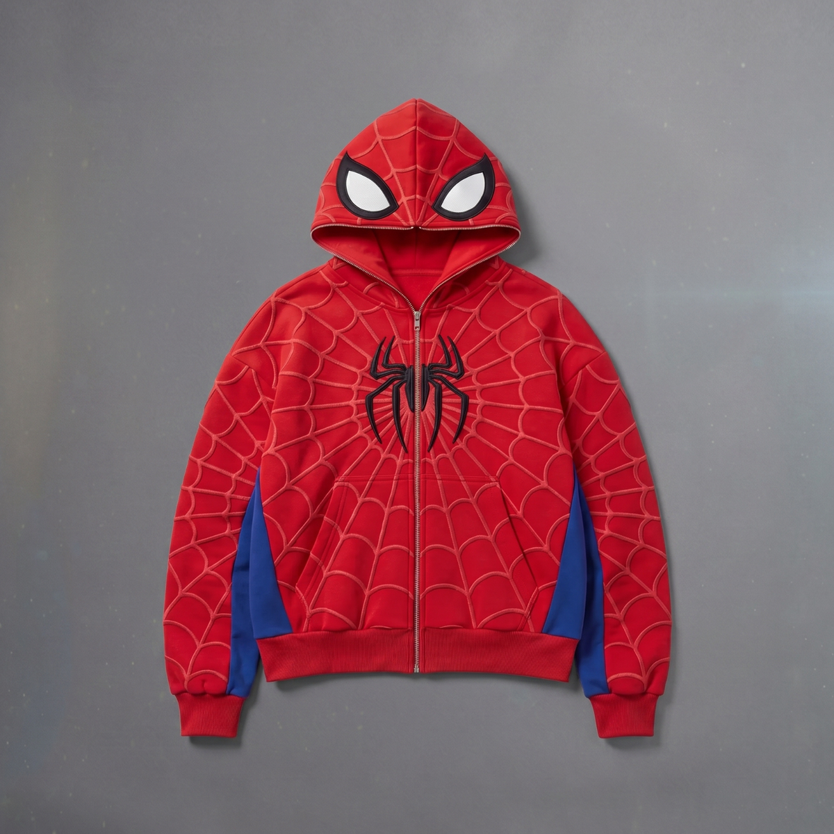 Red, Blue & Black accents Spider Web Zip-Up Hoodie – Black Graphic & Mask Hood