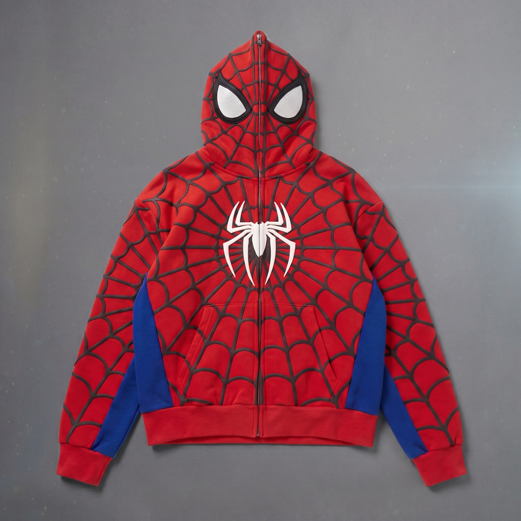 Red, Blue & White accents Spider Web Zip-Up Hoodie – White Graphic & Mask Hood