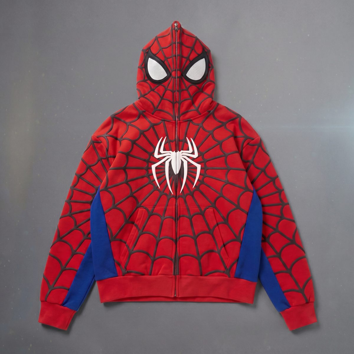 Red, Blue & White accents Spider Web Zip-Up Hoodie – White Graphic & Mask Hood
