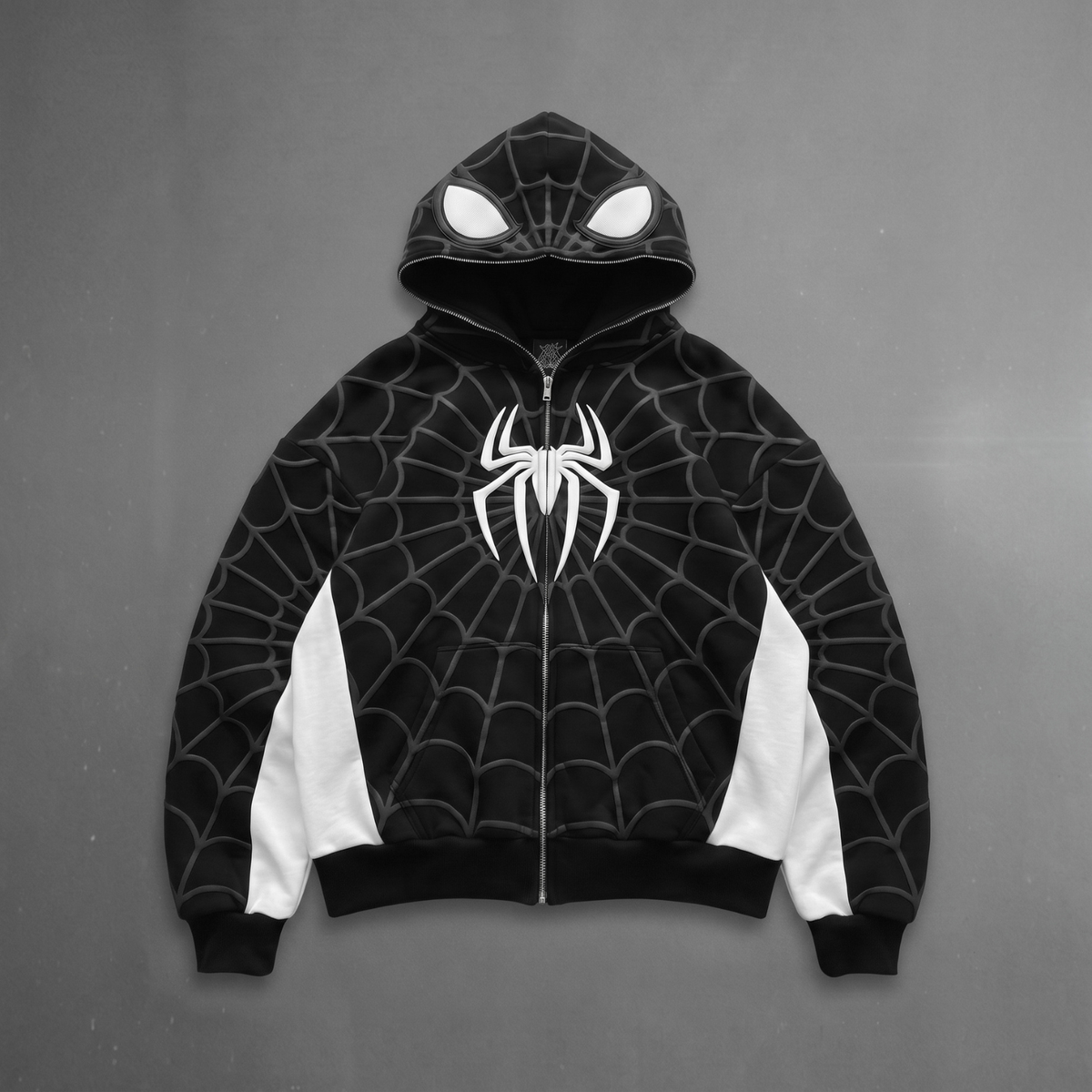 Black & White Spider Web Zip-Up Hoodie – Graphic Mask Hood Sweatshirt
