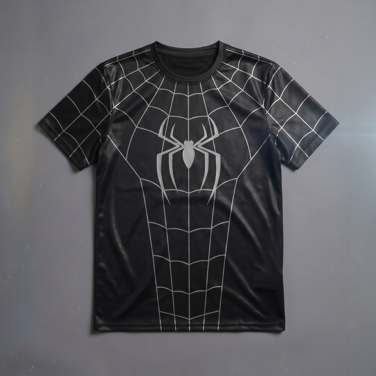 Black Spider Man Graphic T-Shirt – Silver Web Print Short Sleeve Tee