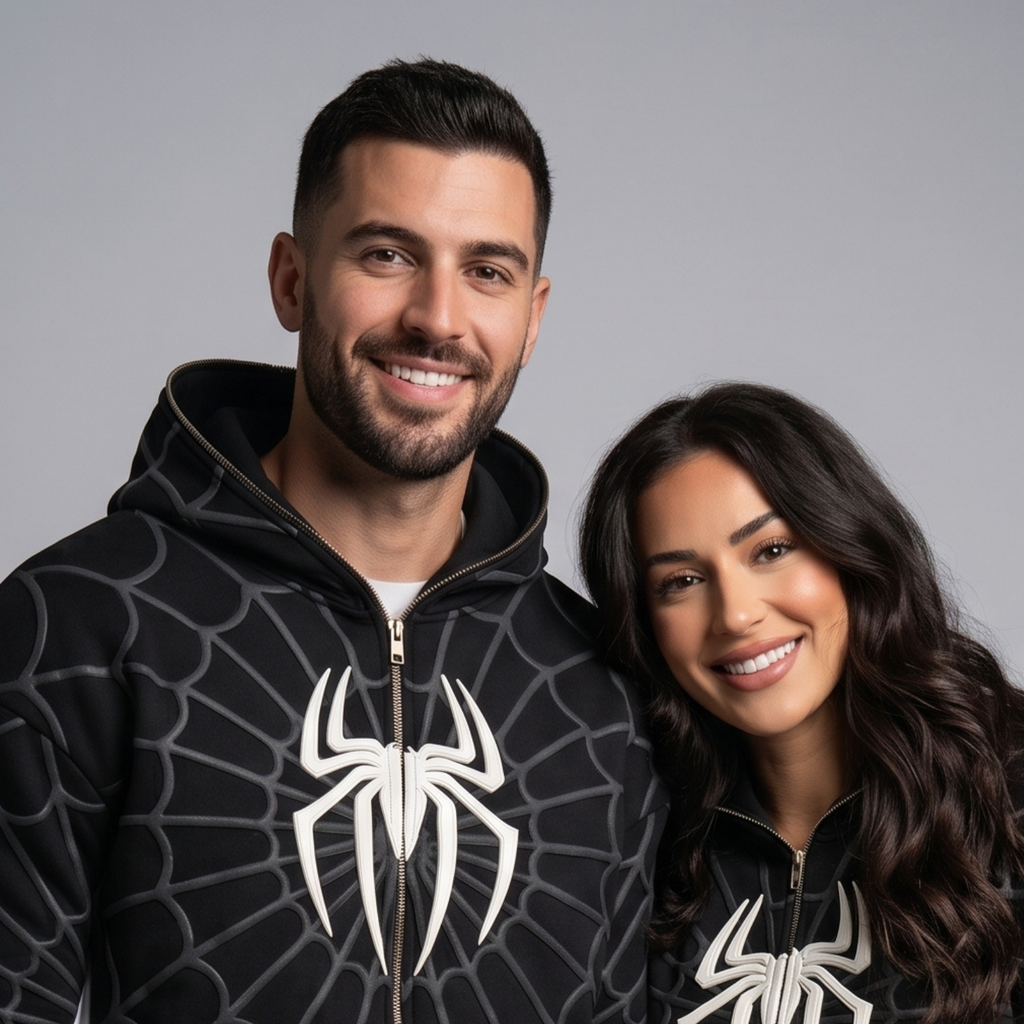Black & White Spider Web Zip-Up Hoodie – Graphic Mask Hood Sweatshirt