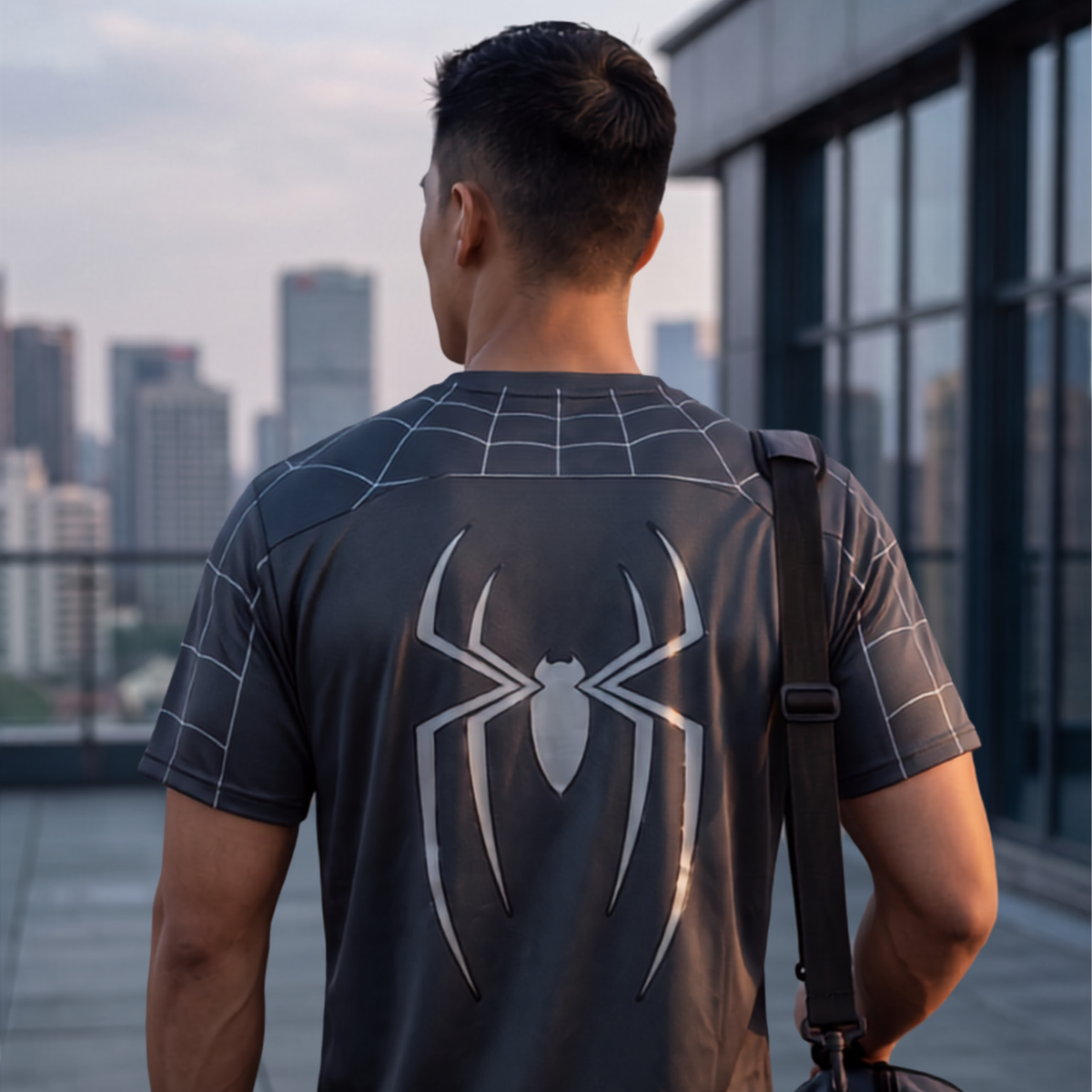 Black Spider Man Graphic T-Shirt – Silver Web Print Short Sleeve Tee