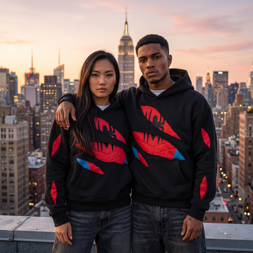 Black Red Superhero Hoodie, Spider-Inspired Graphic Sweatshirt, Pullover Hoodie with Kangaroo Pocket, Streetwear Gift for Cosplay Fans