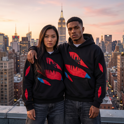 Black Red Superhero Hoodie, Spider-Inspired Graphic Sweatshirt, Pullover Hoodie with Kangaroo Pocket, Streetwear Gift for Cosplay Fans