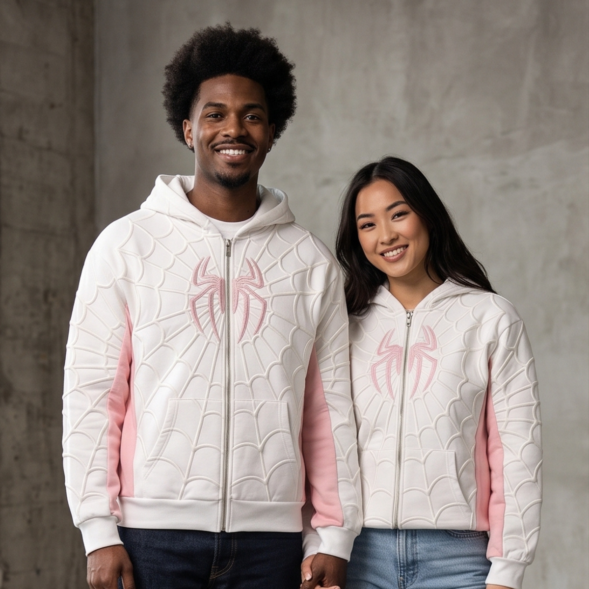 White & Pink Spider Web Zip-Up Hoodie – Unisex Graphic Sweatshirt
