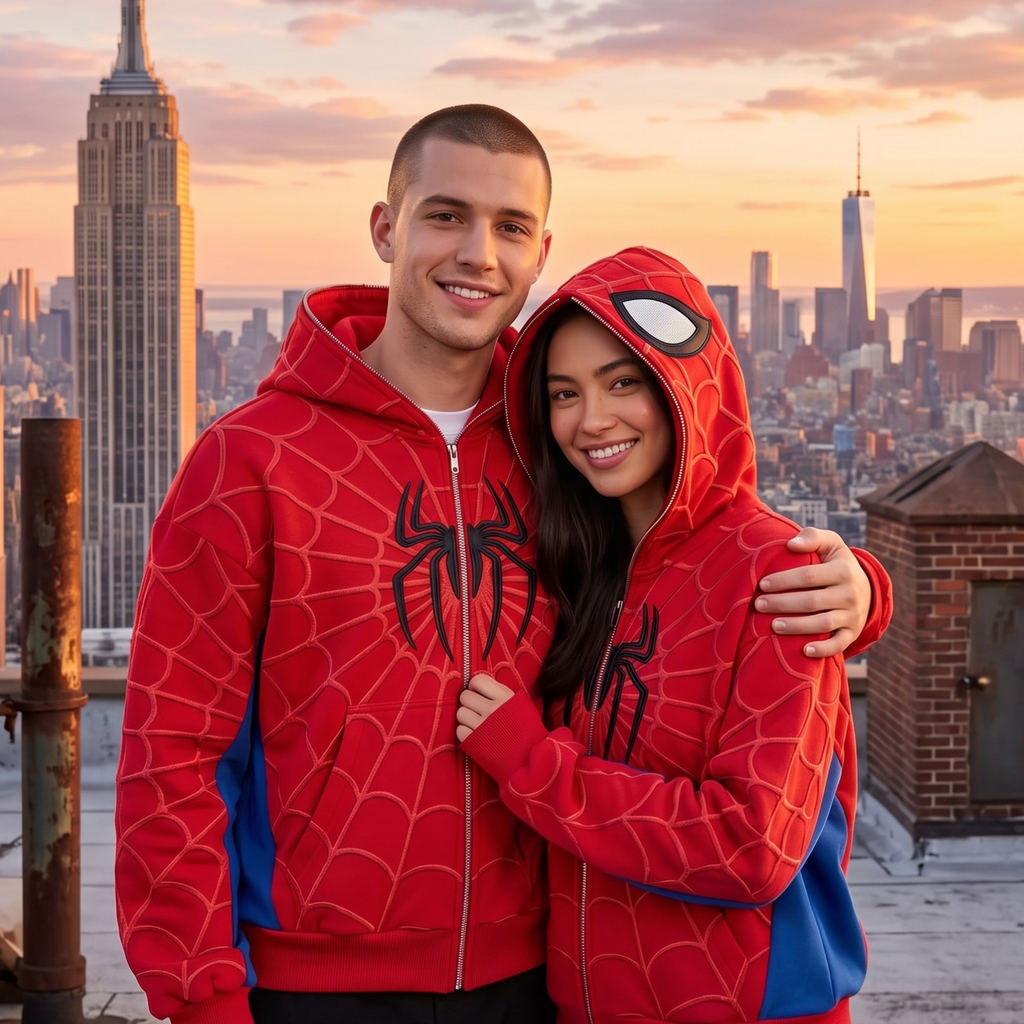 Red, Blue & Black accents Spider Web Zip-Up Hoodie – Black Graphic & Mask Hood