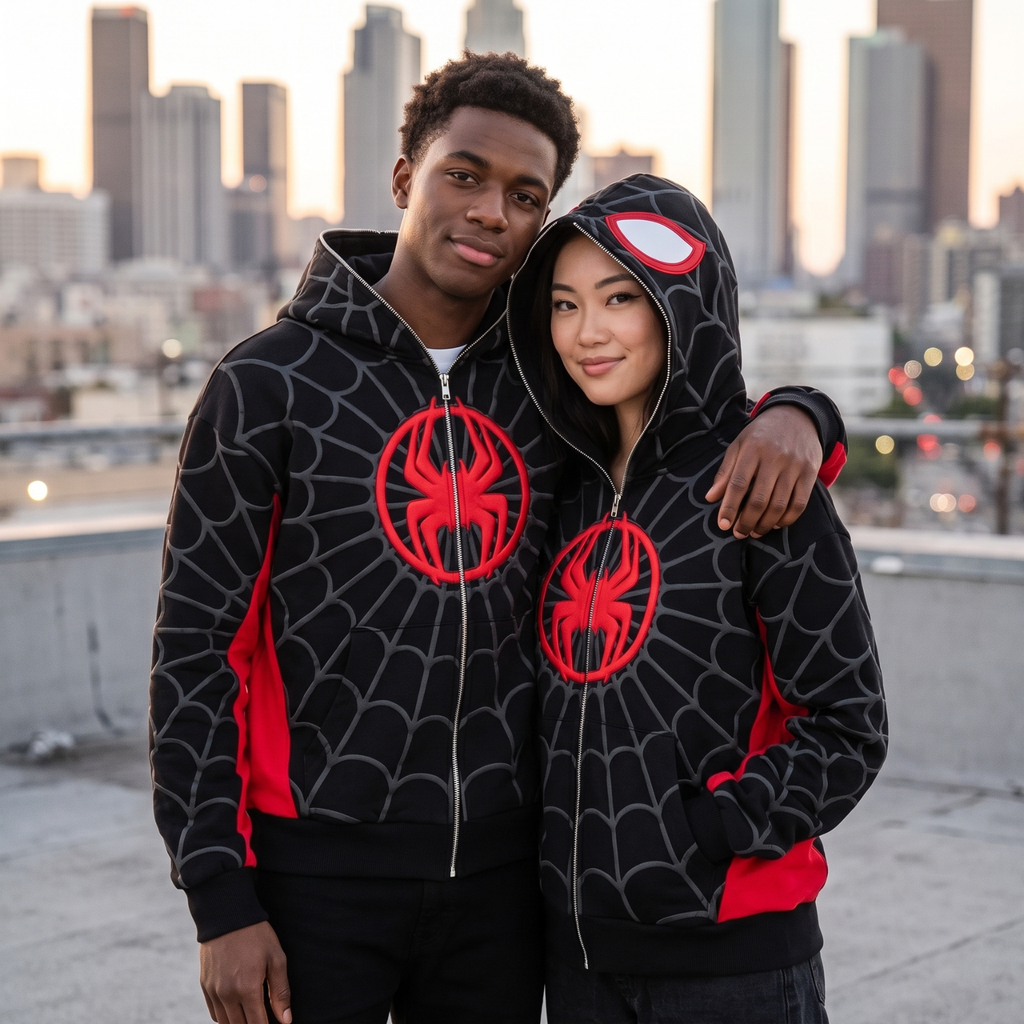 Black & Red Spider Web Zip-Up Hoodie – Graphic Mask Hood Sweatshirt