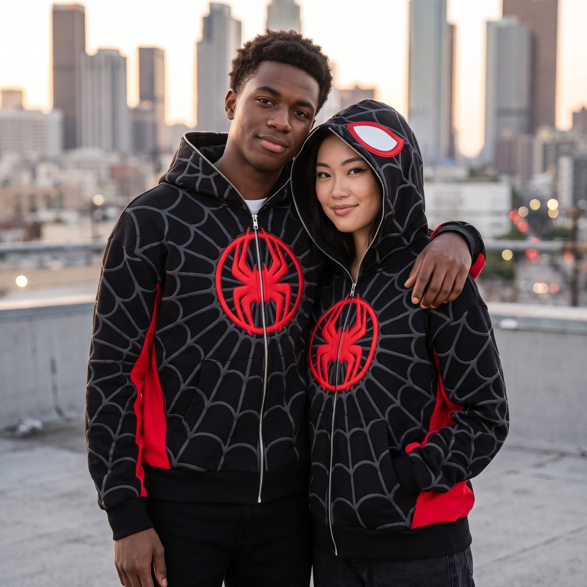 Black & Red Spider Web Zip-Up Hoodie – Graphic Mask Hood Sweatshirt