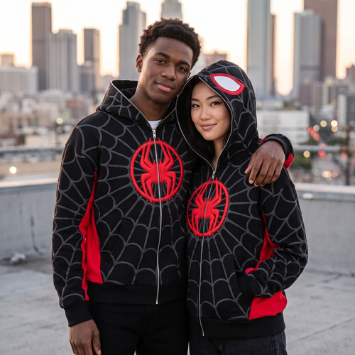 Black & Red Spider Web Zip-Up Hoodie – Graphic Mask Hood Sweatshirt