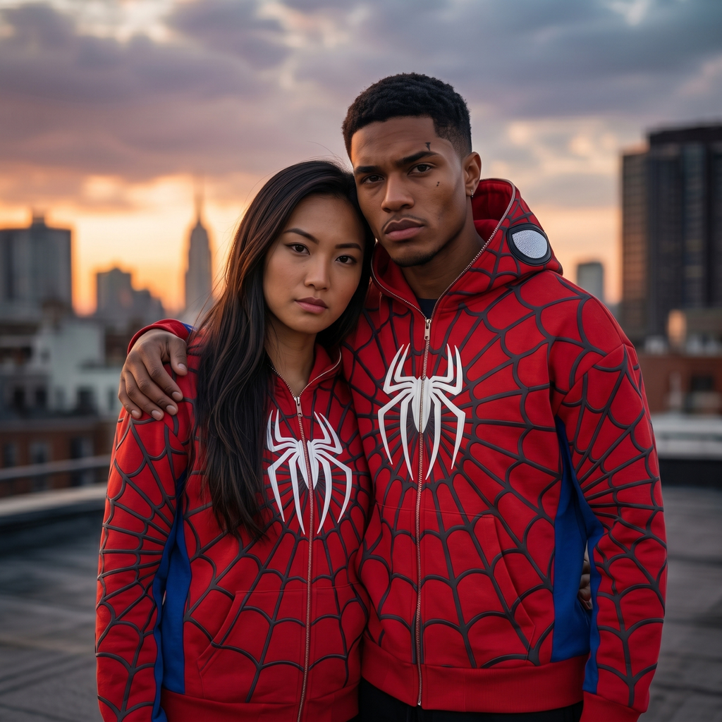 Red, Blue & White accents Spider Web Zip-Up Hoodie – White Graphic & Mask Hood