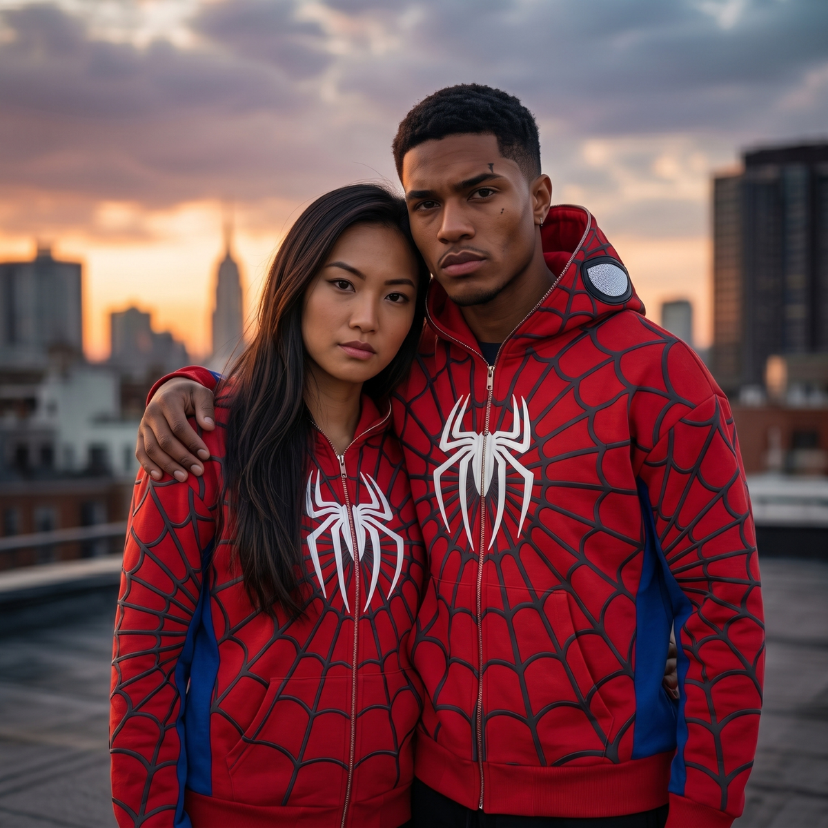Red, Blue & White accents Spider Web Zip-Up Hoodie – White Graphic & Mask Hood