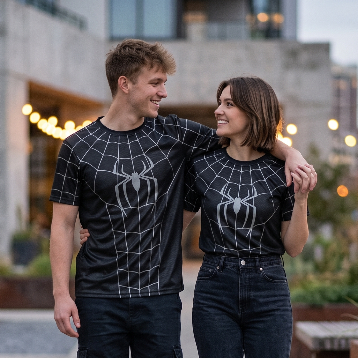 Black Spider Man Graphic T-Shirt – Silver Web Print Short Sleeve Tee