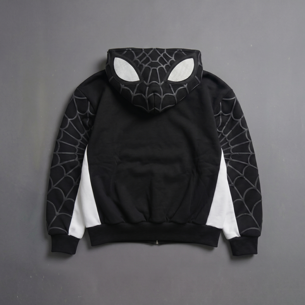 Black & White Spider Web Zip-Up Hoodie – Graphic Mask Hood Sweatshirt