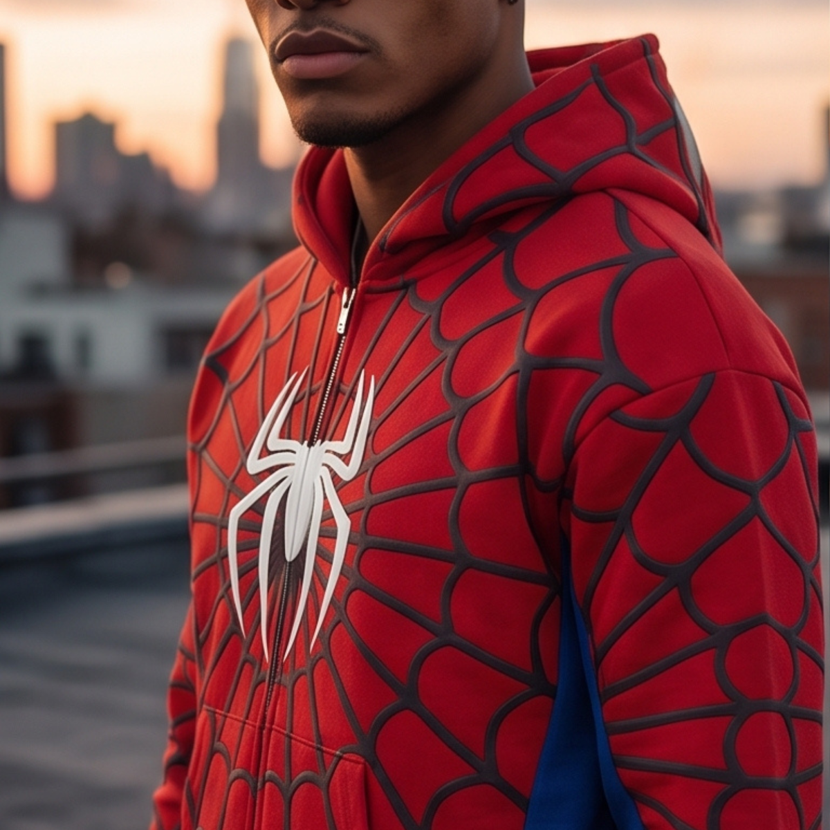 Red, Blue & White accents Spider Web Zip-Up Hoodie – White Graphic & Mask Hood