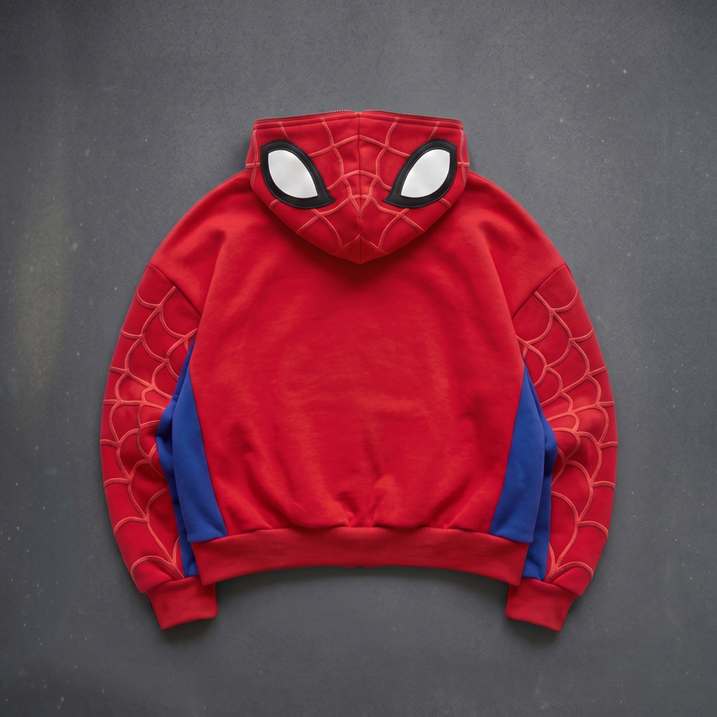 Red, Blue & Black accents Spider Web Zip-Up Hoodie – Black Graphic & Mask Hood