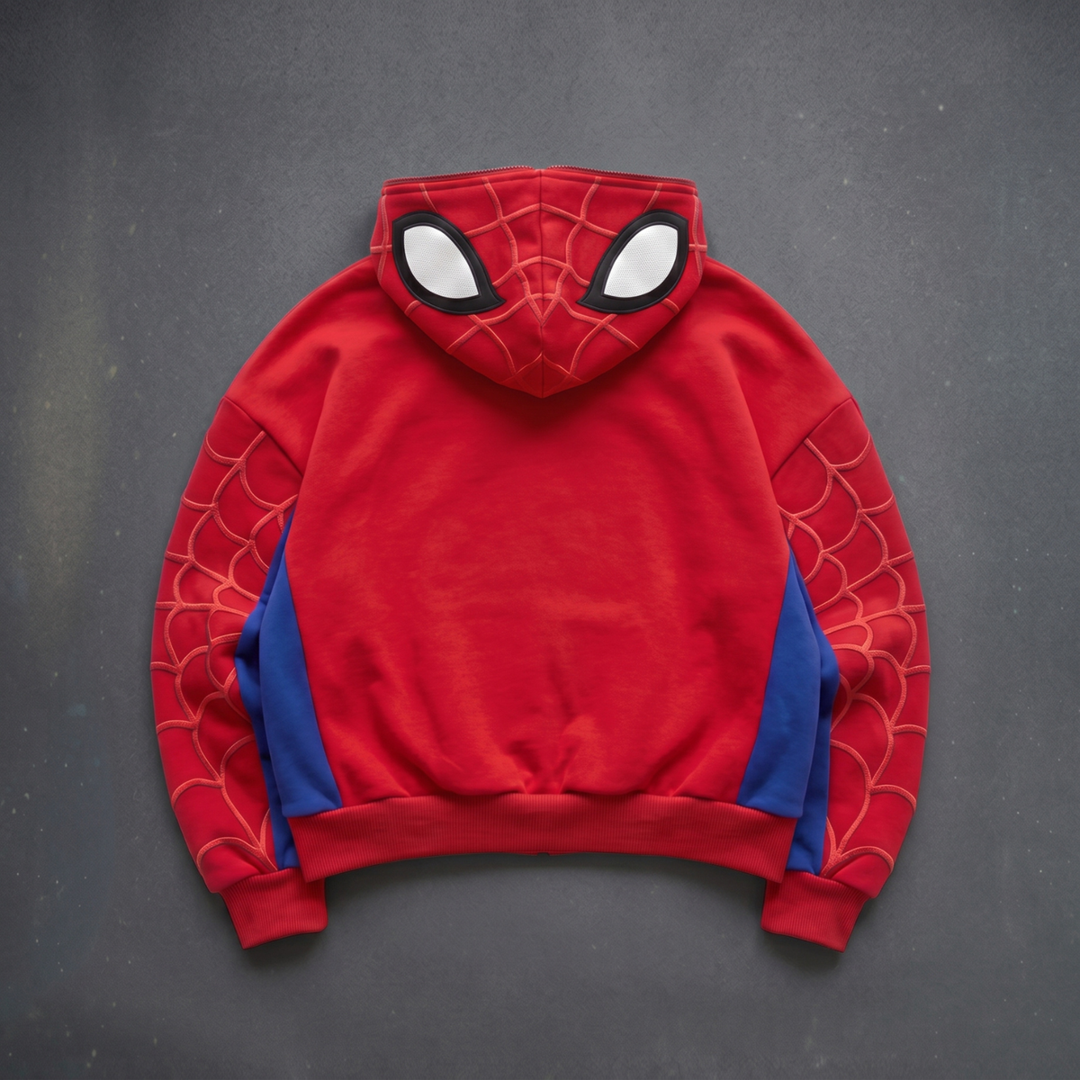 Red, Blue & Black accents Spider Web Zip-Up Hoodie – Black Graphic & Mask Hood