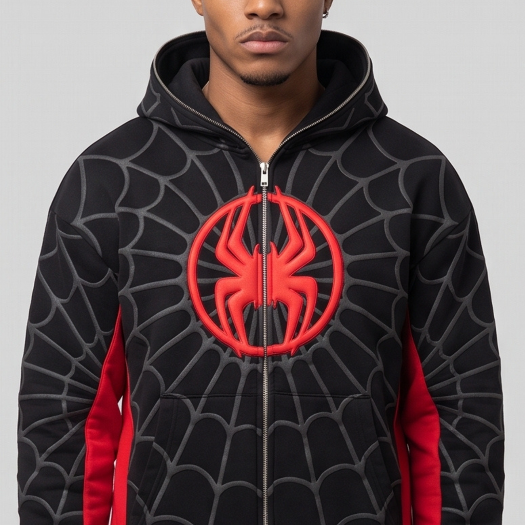 Black & Red Spider Web Zip-Up Hoodie – Graphic Mask Hood Sweatshirt