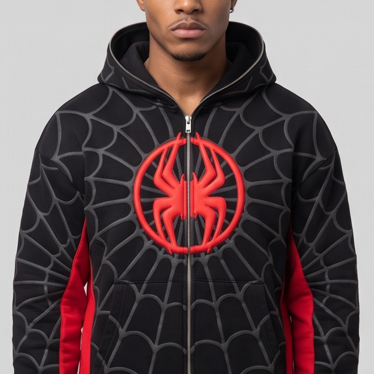 Black & Red Spider Web Zip-Up Hoodie – Graphic Mask Hood Sweatshirt