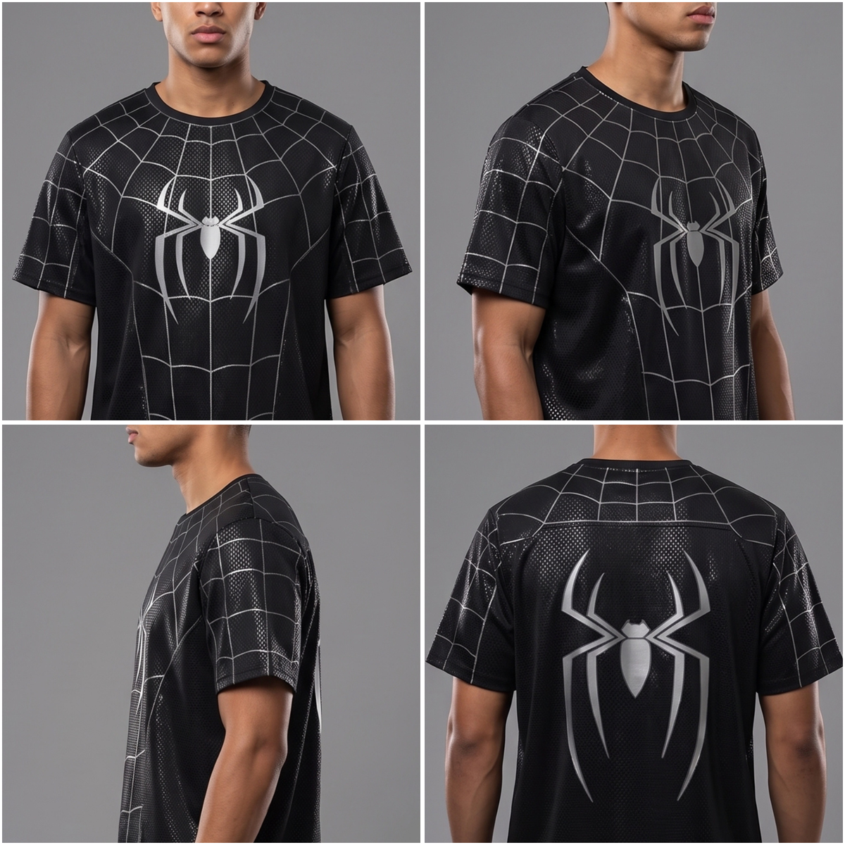 Black Spider Man Graphic T-Shirt – Silver Web Print Short Sleeve Tee