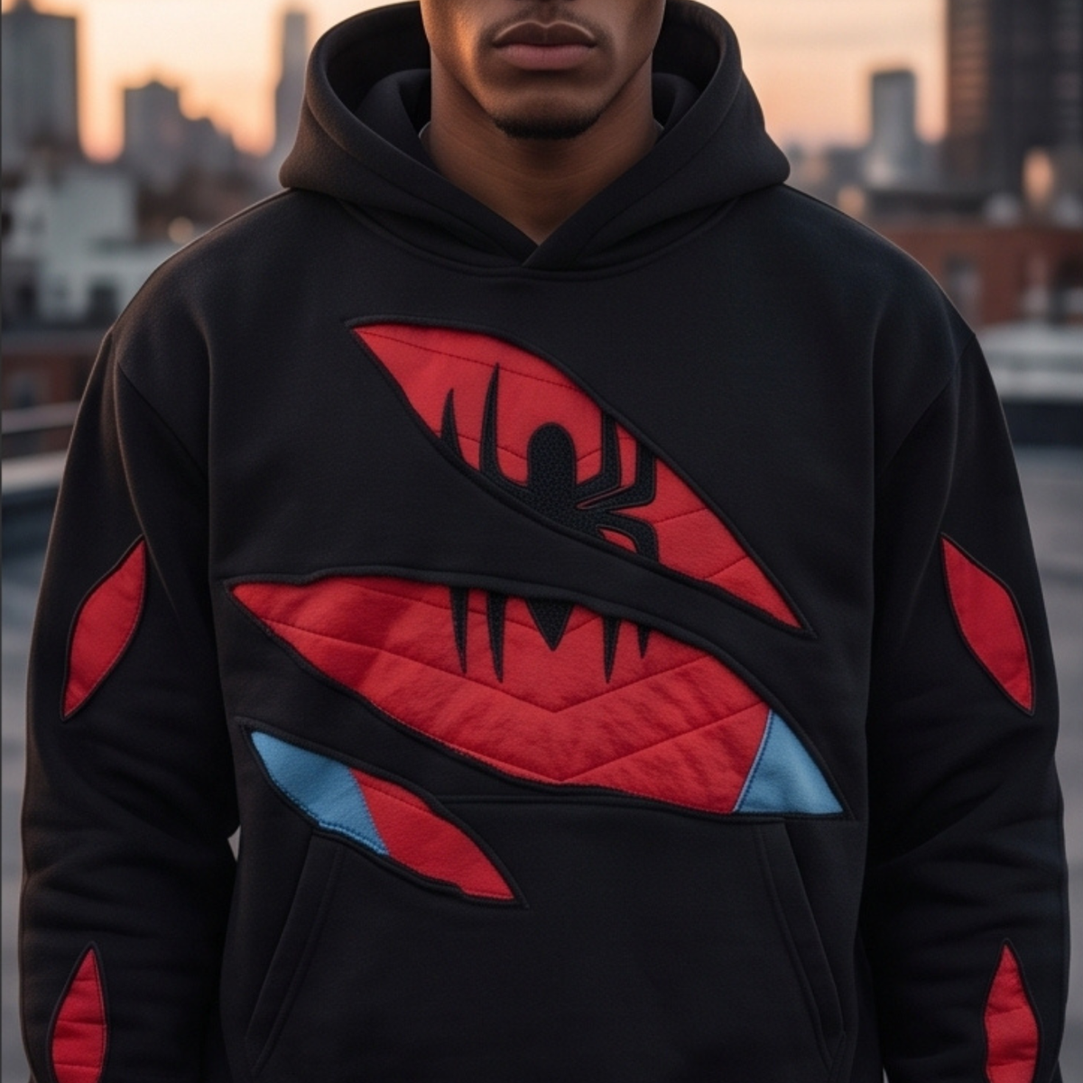 Black Red Superhero Hoodie, Spider-Inspired Graphic Sweatshirt, Pullover Hoodie with Kangaroo Pocket, Streetwear Gift for Cosplay Fans