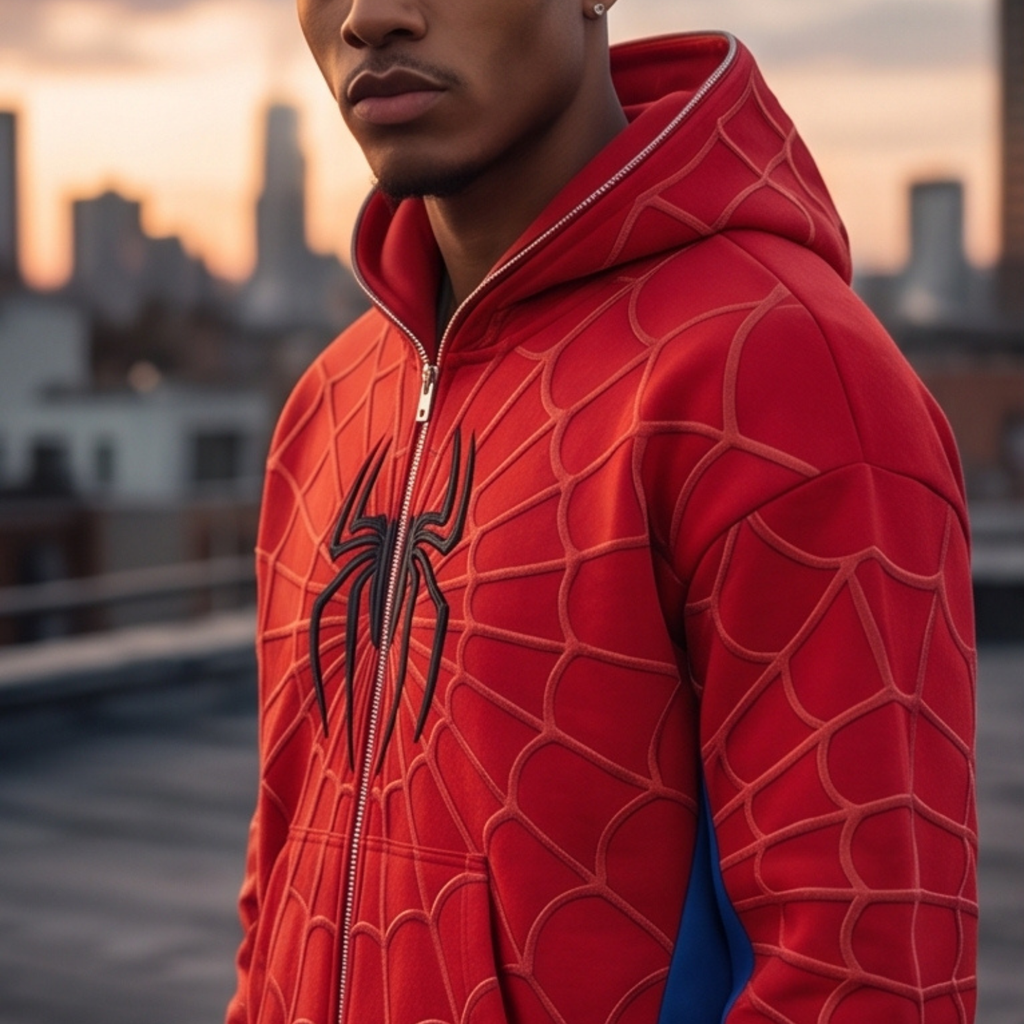 Red, Blue & Black accents Spider Web Zip-Up Hoodie – Black Graphic & Mask Hood