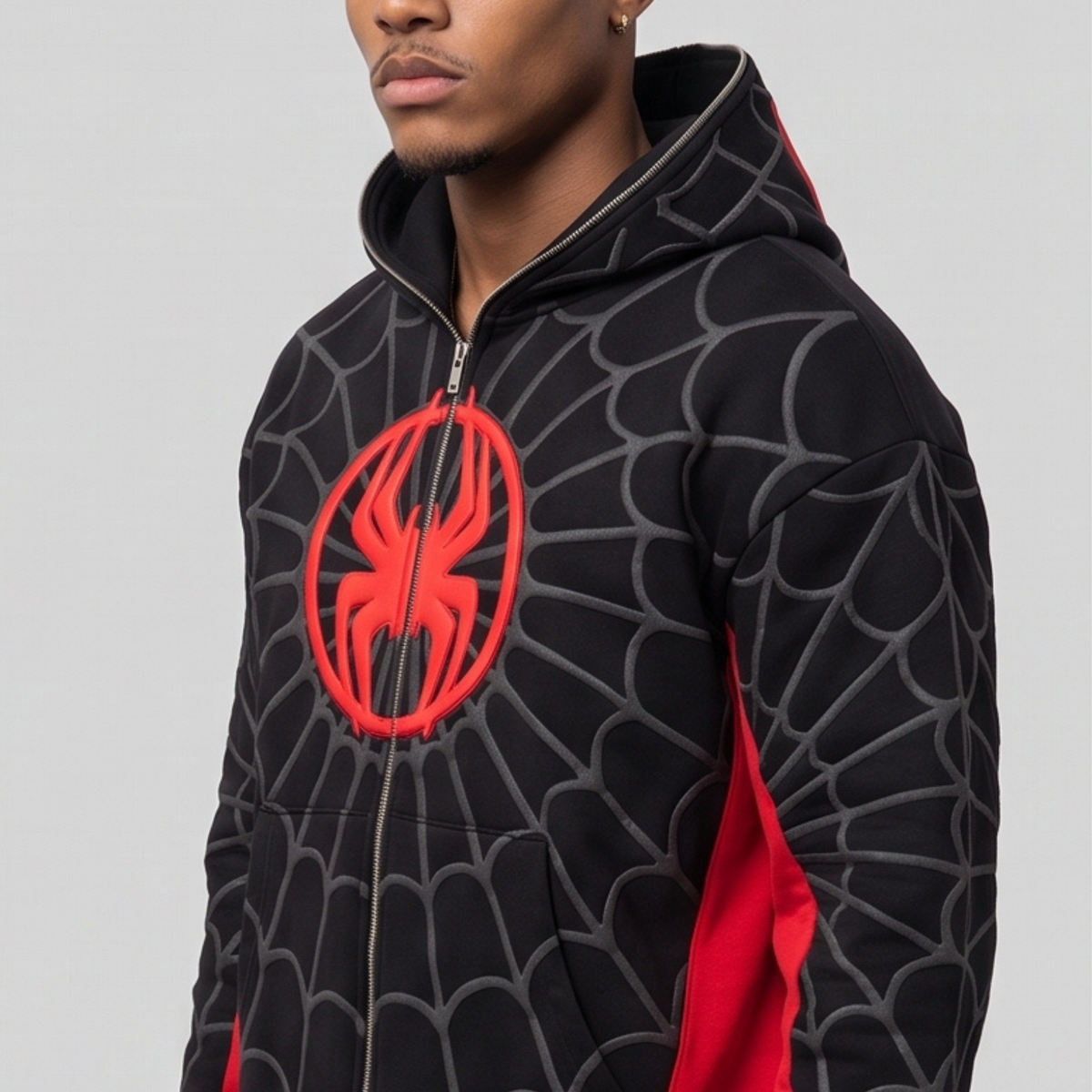 Black & Red Spider Web Zip-Up Hoodie – Graphic Mask Hood Sweatshirt