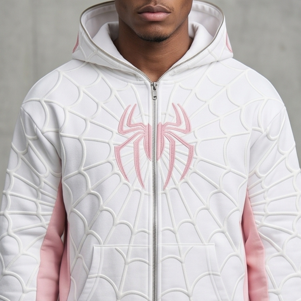 White & Pink Spider Web Zip-Up Hoodie – Unisex Graphic Sweatshirt