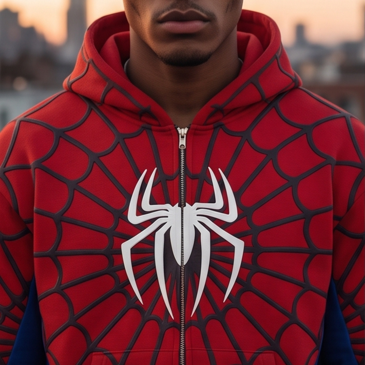 Red, Blue & White accents Spider Web Zip-Up Hoodie – White Graphic & Mask Hood