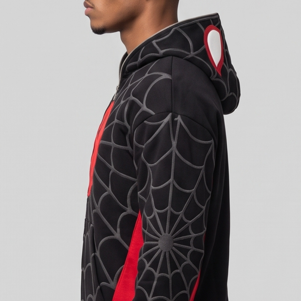 Black & Red Spider Web Zip-Up Hoodie – Graphic Mask Hood Sweatshirt