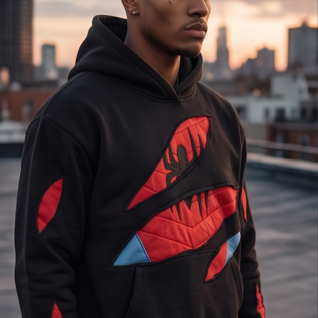 Black Red Superhero Hoodie, Spider-Inspired Graphic Sweatshirt, Pullover Hoodie with Kangaroo Pocket, Streetwear Gift for Cosplay Fans