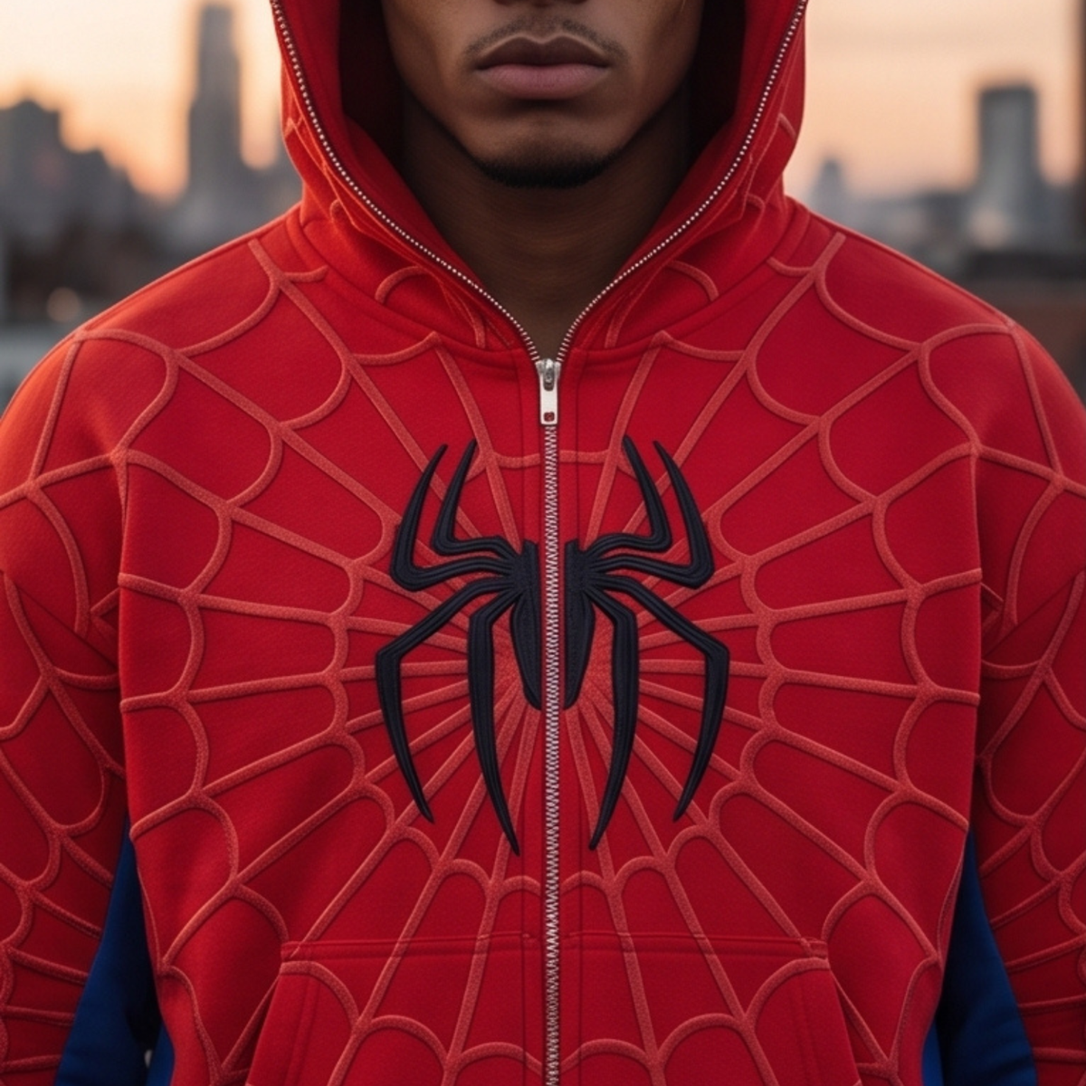 Red, Blue & Black accents Spider Web Zip-Up Hoodie – Black Graphic & Mask Hood