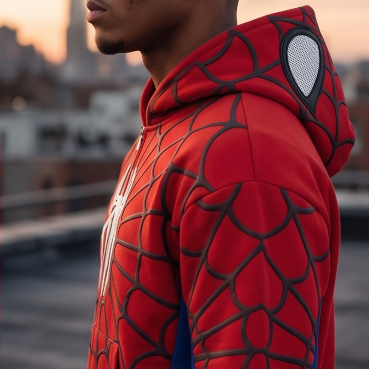 Red, Blue & White accents Spider Web Zip-Up Hoodie – White Graphic & Mask Hood