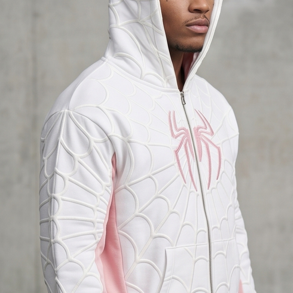 White & Pink Spider Web Zip-Up Hoodie – Unisex Graphic Sweatshirt