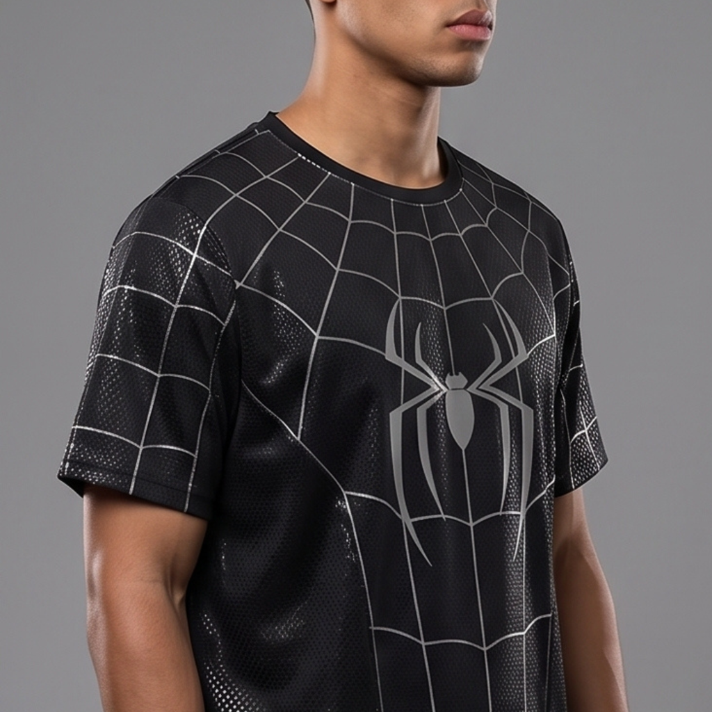 Black Spider Man Graphic T-Shirt – Silver Web Print Short Sleeve Tee